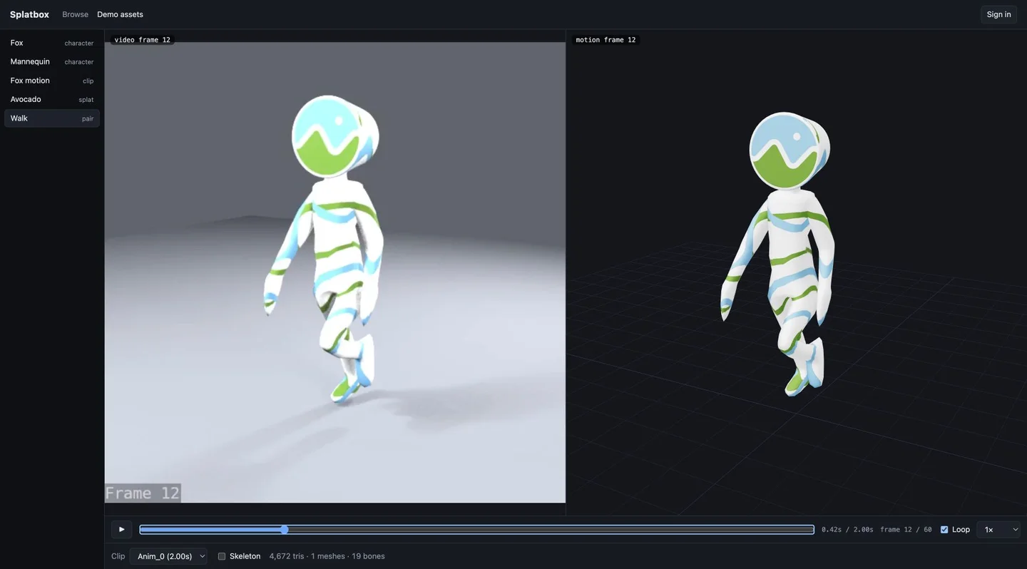 Splatbox showing source video and 3D character motion side by side, both paused at frame 12.